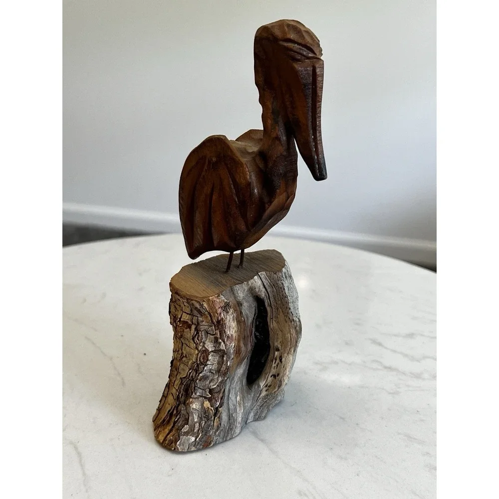 Vtg Hand Carved Wood Pelican Sculpture Driftwood Coastal Nautical Folk Art